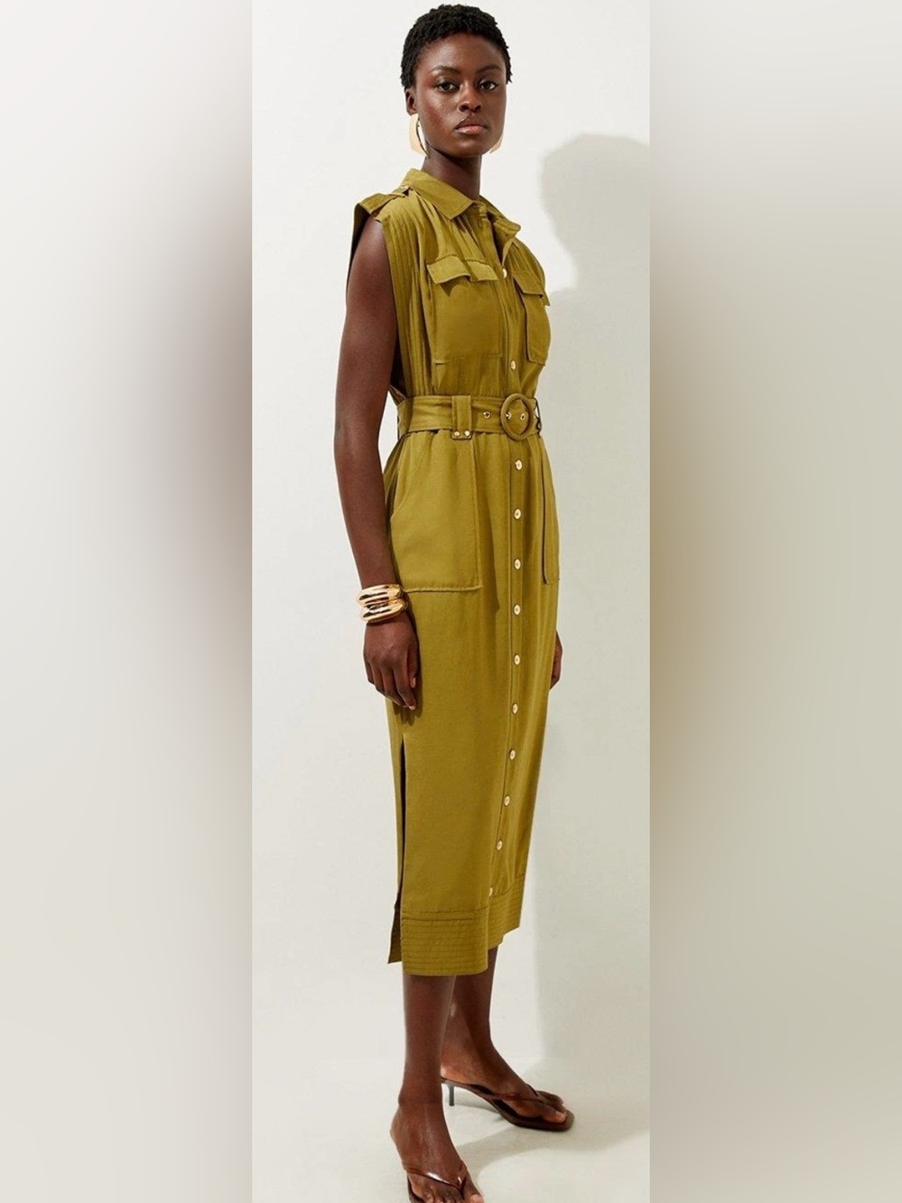 Karen Millen Olive Sleeveless Belted Midi Dress, US4